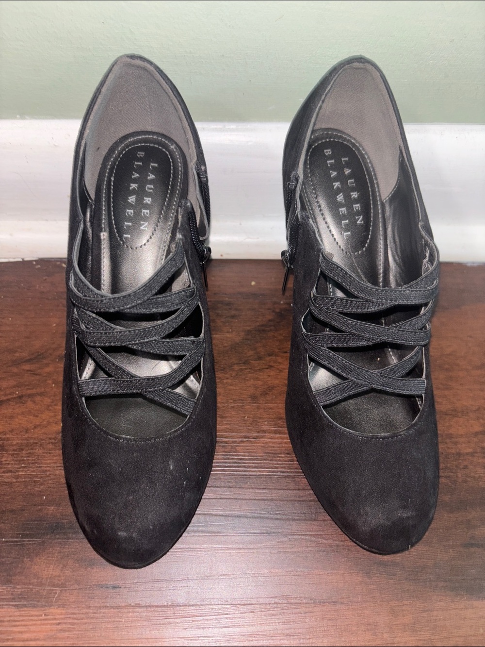 Lauren Blackwell Black Suede Strappy Mid-Heel Pump